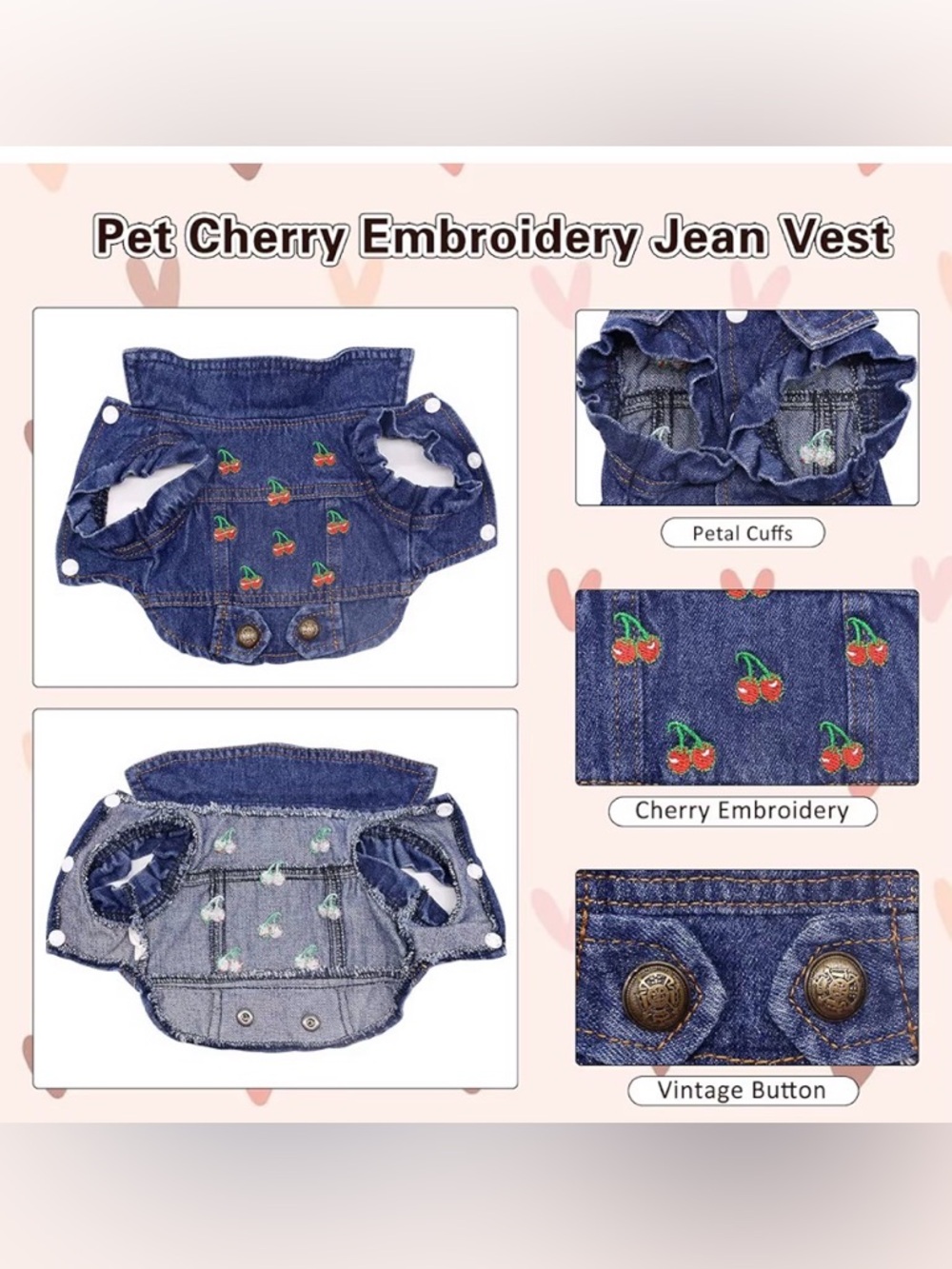 Embroidered Cherry Denim Dog Jacket - Dark Blue - Picture 3 of 7
